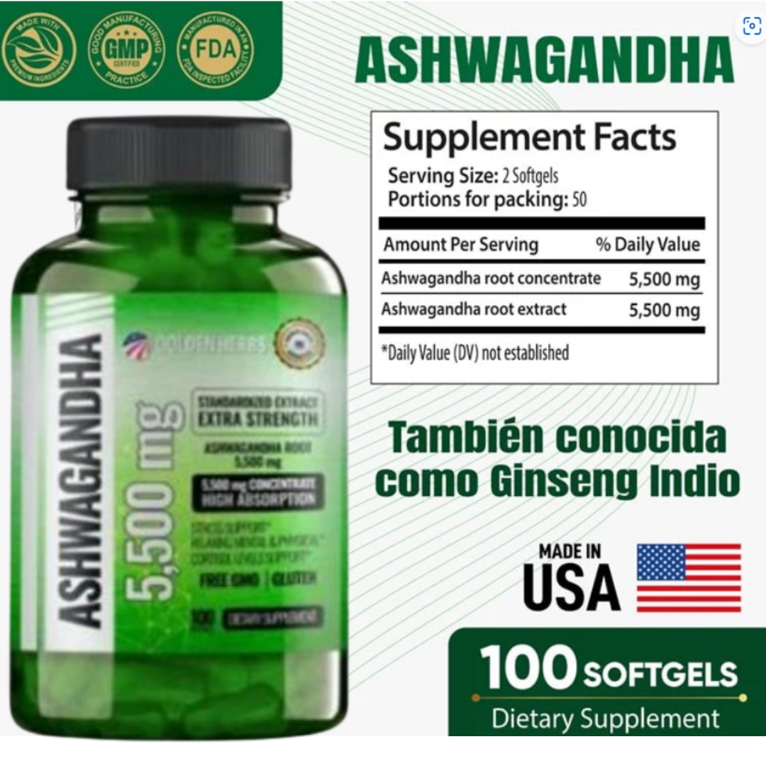 ASHWAGANDHA AMERICANO | ALTA CONCENTRACIÓN | 5500 mg | 100 Cápsulas